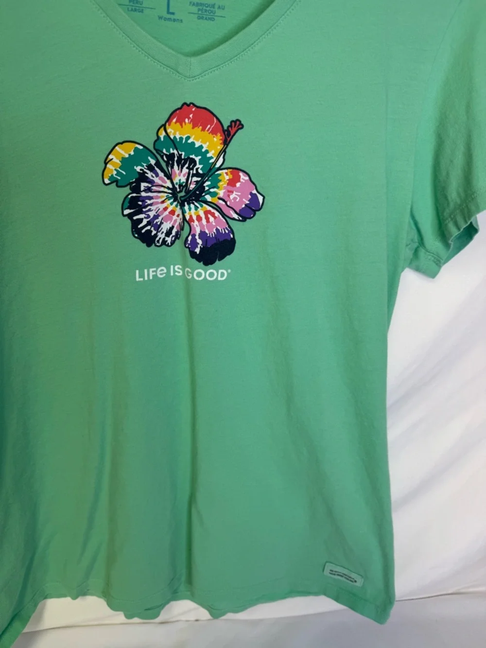 Life Is Good Mint Green V‑Neck Tee with Rainbow Tie‑Dye Hibiscus - Picture 2 of 8